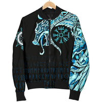 Viking Women's Bomber Jacket, Fenrir Raven and Vegvisir Tattoo Cyan RLT12 - Wonder Print Shop