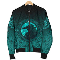 Viking Women's Bomber Jacket, Ethnic Odin Raven Cyan RLT12 - Wonder Print Shop