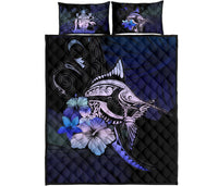 The Bahamas Quilt Bed Set - Purple Blue Marlin and Hibiscus - Wonder Print Shop