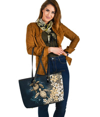 Kanaka Maoli (Hawaiian) Leather Tote - Sea Turtle Tropical Hibiscus and Plumeria Gold - Wonder Print Shop