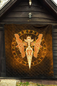 Viking Premium Quilt Gold Spear Of The God Odin - Gungnir and Two Gold Ravens RLT12 - Wonder Print Shop