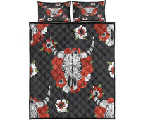 Bison And Red Flowers Native American Quilt Bed Set LT10 - Wonder Print Shop