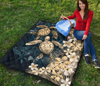 Kanaka Maoli (Hawaiian) Premium Quilt - Sea Turtle Tropical Hibiscus and Plumeria Gold - Wonder Print Shop