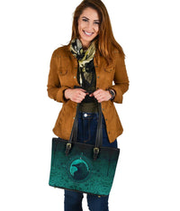 Viking Small Leather Tote Bag, Ethnic Odin Raven Cyan RLT12 - Wonder Print Shop