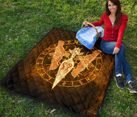 Viking Premium Quilt Gold Spear Of The God Odin - Gungnir and Two Gold Ravens RLT12 - Wonder Print Shop