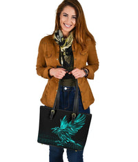 Viking Small Leather Tote Bag - The Raven Of Odin Rune Cyan RLT12 - Wonder Print Shop