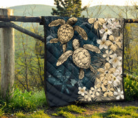 Kanaka Maoli (Hawaiian) Premium Quilt - Sea Turtle Tropical Hibiscus and Plumeria Gold - Wonder Print Shop