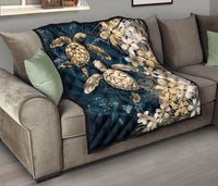 Kanaka Maoli (Hawaiian) Premium Quilt - Sea Turtle Tropical Hibiscus and Plumeria Gold - Wonder Print Shop