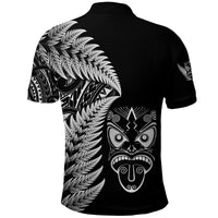 Black polo shirt with silver fern sleeve print and tribal back graphic