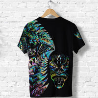 Black T-shirt back with large feather graphic and Maori-style face print