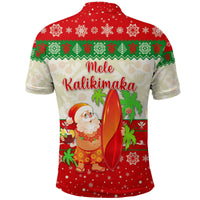 Back view red Christmas Hawaiian polo with "Mele Kalikimaka" and Santa surfing design
