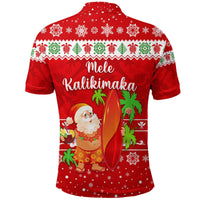 Back view of red Christmas polo shirt with Santa surfing graphic and snowflake pattern