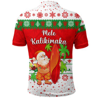 Back view: red and white Christmas surf polo with Santa surf graphic and snowflakes