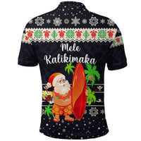 Navy short-sleeve polo with snowflake border, Santa surfer holding surfboard