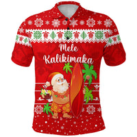Red Christmas polo shirt with Santa surfing and festive snowflake patterned design