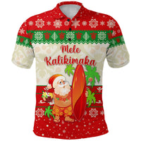 Red Christmas Hawaiian polo shirt with snowflake pattern and Santa surfing graphic