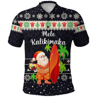Navy Hawaiian polo shirt with Santa surfing and 'Mele Kalikimaka' holiday print