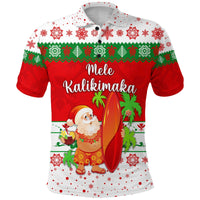 Red/white Christmas surf polo with Santa holding surfboard, green snowflake pattern
