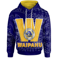 Blue pullover hoodie with large “W” front graphic and “Waipahu” text
