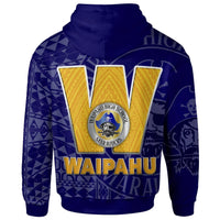 Blue pullover hoodie back view with “W” graphic and circular school logo