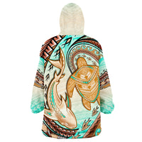 Hawaii Polynesian Shark And Sea Turtle Dreamy Turquoise Artsy Wearable Blanket Hoodie - Wonder Print Shop