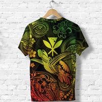 Black Hawaiian turtle map T-shirt with central turtle graphic and red-orange tribal waves