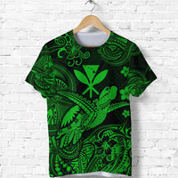 Green turtle T-shirt with black-and-green Polynesian tribal pattern, central emblem
