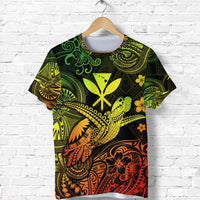 Black Hawaiian turtle map T-shirt with green-yellow-gold tribal cross and floral patterns