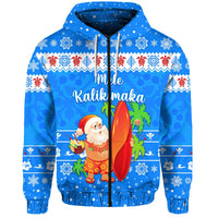 Custom Christmas Hawaii Zip Hoodie Santa Claus Surfing Simple Style Blue LT8 - Wonder Print Shop