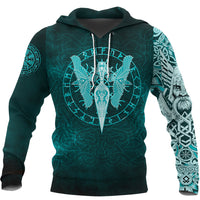 Viking Hoodie Cyan Spear Of The God Odin Gungnir and Two Cyan Ravens Style RLT12 - Wonder Print Shop