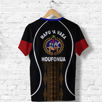Black back T-shirt with large circular crest, red sleeve panels, and white outline