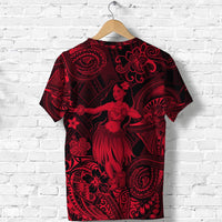 Red hula dancer graphic T-shirt with swirling Polynesian motifs