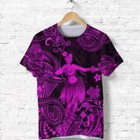 Hawaiian hula girl graphic T-shirt, dark purple with pink floral tribal pattern