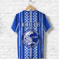 Back view blue Kailua High School Surfriders T-shirt with “KAILUA” text and crest