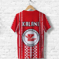 Red T-shirt back with KALANI wordmark and Falcons circular crest