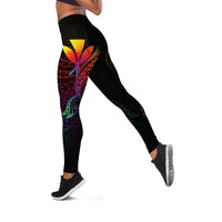 Black leggings with colorful butterfly and Polynesian-style tribal patterns on side
