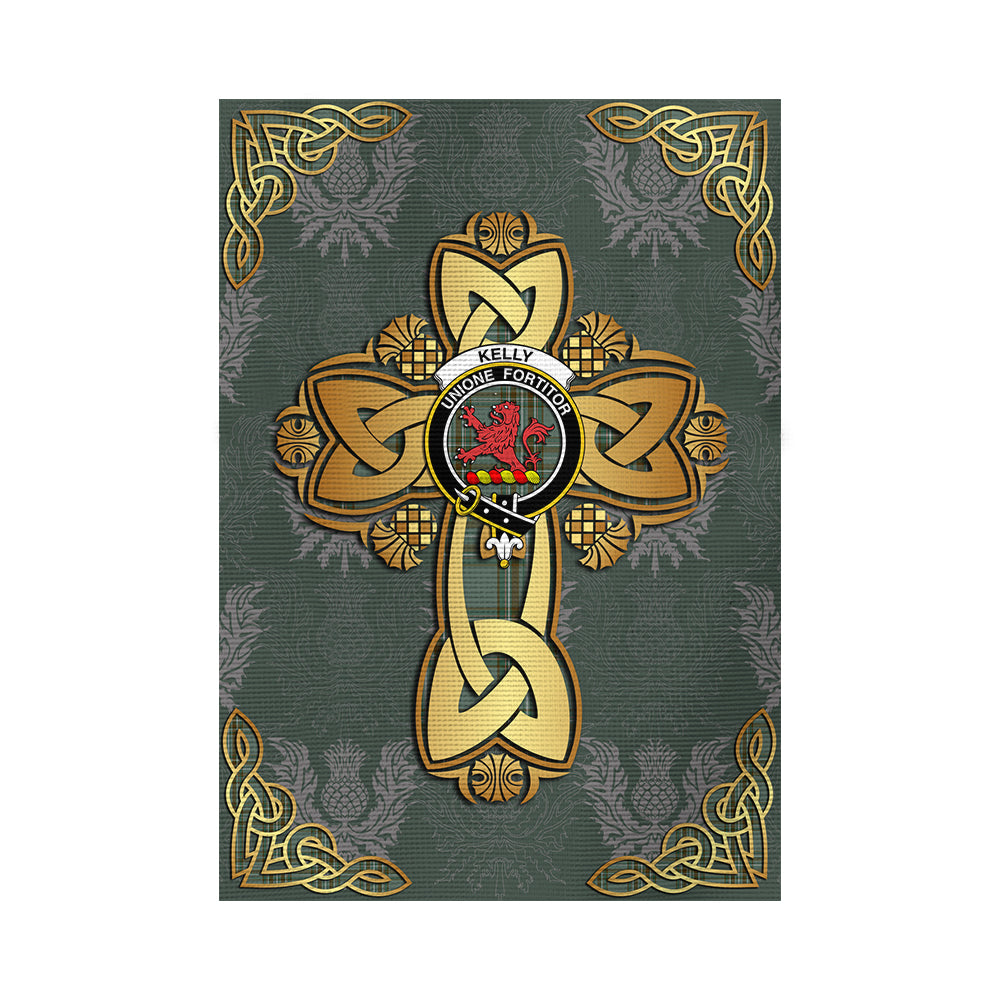 scottish-kelly-dress-clan-crest-tartan-golden-celtic-thistle-garden-flag