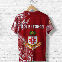 Red Kolisi Tonga T-shirt back view with white tribal-style print and crest graphic