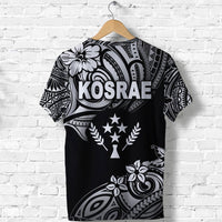 Black T-shirt back with large white KOSRAE text and tribal swirl wing design