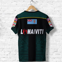 Green/black rugby tee front close-up, LOMAIVITI logo, Fiji flag badge on chest