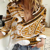 Polynesian Tribal Women Casual Shirt Gold LT6 - Wonder Print Shop