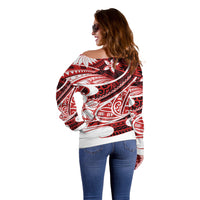 Polynesian Tribal Off Shoulder Sweater Red LT6 - Wonder Print Shop