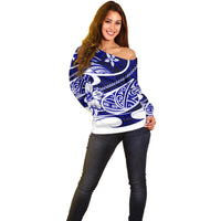 Polynesian Tribal Off Shoulder Sweater Blue LT6 - Wonder Print Shop