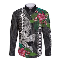 Hawaii Kakau Long Sleeve Button Shirt Mix Sharks Polynesian Hibiscus LT6 - Wonder Print Shop