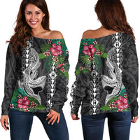 Hawaii Kakau Off Shoulder Sweater Mix Sharks Polynesian Hibiscus LT6 - Wonder Print Shop