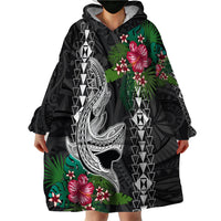 Hawaii Kakau Wearable Blanket Hoodie Mix Sharks Polynesian Hibiscus LT6 - Wonder Print Shop