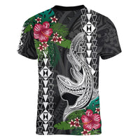 Hawaii Kakau Women V Neck T Shirt Mix Sharks Polynesian Hibiscus LT6 - Wonder Print Shop