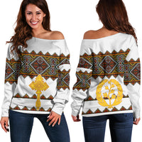 Eritrea Off Shoulder Sweater Tilet Mix Eritrean Cross - White - Wonder Print Shop
