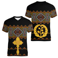 Eritrea Women V Neck T Shirt Tilet Mix Eritrean Cross - Black - Wonder Print Shop