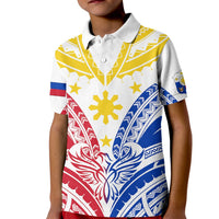 Kids white polo shirt with multicolor tribal eagle, sun and stars front graphic
